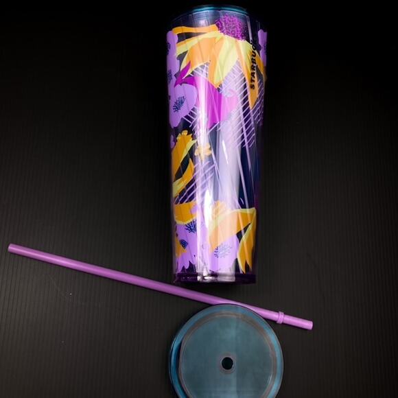 Starbucks Venti Purple Floral Wave Tumbler with Straw Double Wall Screw on Lid - Picture 5 of 8